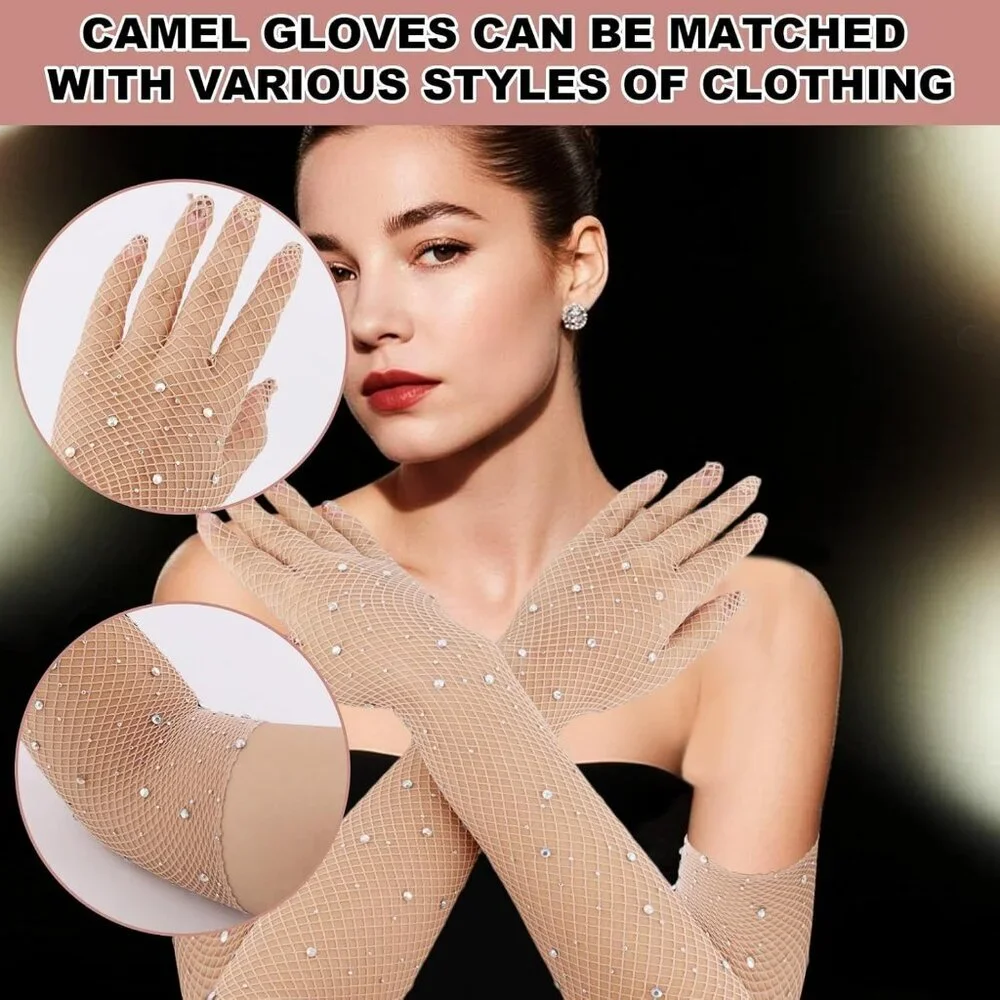 Women's Tan Evening Rhinestone Long Sleeves Arm Elbow Length Party Gloves